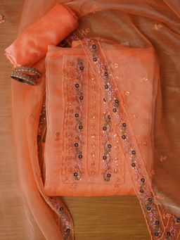 Jaipur Kurti - Unstitched Embroidered Orange Organza Dress Material with Dupatta (Set of 3)
