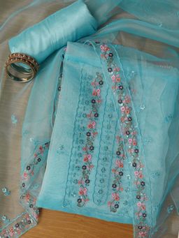 Jaipur Kurti - Unstitched Embroidered Sky Blue Organza Dress Material with Dupatta (Set of 3)