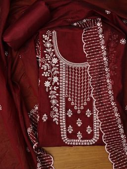 Jaipur Kurti - Unstitched Embroidered Cotton Blend Maroon Dress Material with Dupatta (Set of 3)