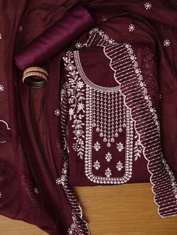 Jaipur Kurti - Unstitched Embroidered Cotton Blend Burgundy Dress Material with Dupatta (Set of 3)