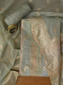 Jaipur Kurti - Unstitched Green Woven Design Silk Blend Dress Material with Dupatta (Set of 3)