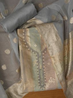 Jaipur Kurti - Unstitched Grey Woven Design Silk Blend Dress Material with Dupatta (Set of 3)