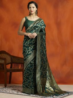 Jaipur Kurti - Green Silk Banarasi Zari Woven Green Saree with Unstitched Blouse
