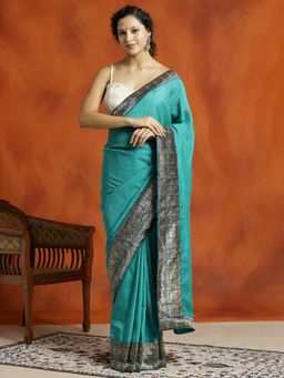 Jaipur Kurti - Turquoise Silk Banarasi Zari Woven Saree with Unstitched Blouse
