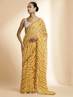 Jaipur Kurti - Yellow Leheriya Mirror Work & Sequin Saree with Unstitched Blouse