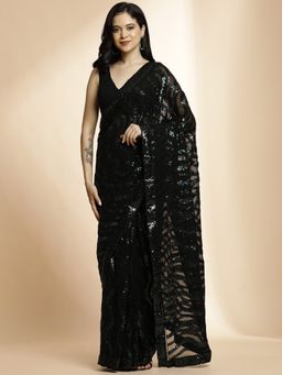 Jaipur Kurti - Black Sequin Party Wear Black Saree with Unstitched Blouse