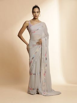 Jaipur Kurti - Grey Pure Georgette Sequin Party Wear Saree with Unstitched Blouse