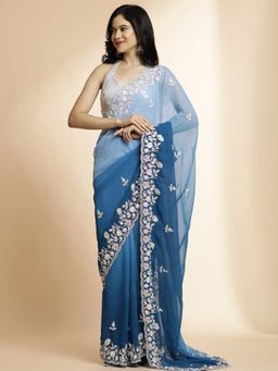 Jaipur Kurti - Blue Sequin Work Pure Georgette Saree with Unstitched Blouse
