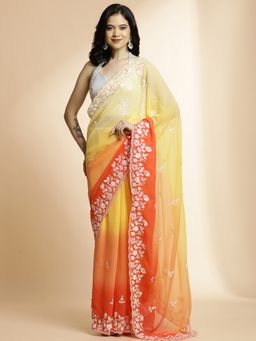Jaipur Kurti - Yellow Sequin Work Shaded Pure Georgette Saree with Unstitched Blouse