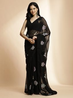 Jaipur Kurti - Black Party Wear Sequin Embellished Black Saree with Unstitched Blouse