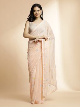 Jaipur Kurti - Pink Sequin Embellished Pure Georgette Saree with Unstitched Blouse