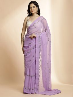 Jaipur Kurti - Purple Sequin Embellished Party Wear Saree with Unstitched Blouse