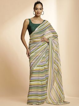 Jaipur Kurti - Olive Striped Sequin Embellished Festive Saree with Unstitched Blouse