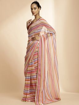 Jaipur Kurti - Red Striped Sequin Embellished Festive Saree with Unstitched Blouse