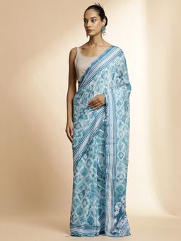 Jaipur Kurti - Blue Mirror Work Pure Georgette Tie & Dye Saree with Unstitched Blouse