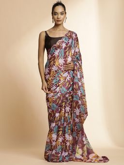 Jaipur Kurti - Wine Mirror Work & Satin Floral Saree with Unstitched Blouse