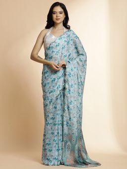 Jaipur Kurti - Blue Printed & Mirror Work Satin Saree with Unstitched Blouse