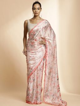 Jaipur Kurti - Pink Mirror Work & Satin Floral Printed Saree with Unstitched Blouse