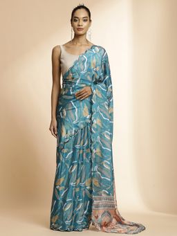Jaipur Kurti - Blue Printed & Mirror Work Satin Saree with Unstitched Blouse