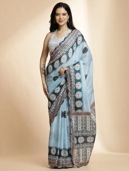 Jaipur Kurti - Grey Printed Mirror Work Satin Saree with Unstitched Blouse
