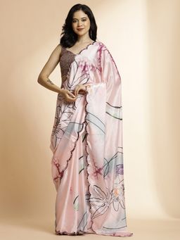 Jaipur Kurti - Pink Floral Printed & Mirror Work Satin Saree with Unstitched Blouse