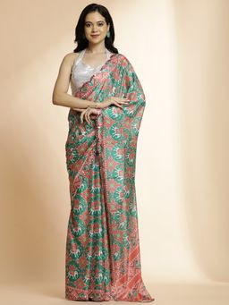 Jaipur Kurti - Green Printed & Mirror Work Satin Saree with Unstitched Blouse