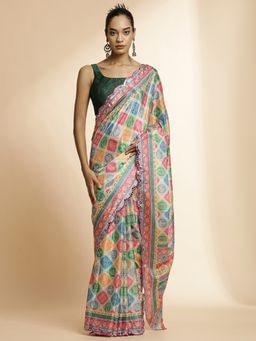 Jaipur Kurti - Multi-Color Printed Mirror Work Satin Saree with Unstitched Blouse
