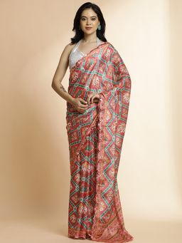Jaipur Kurti - Pink Tribal Printed Mirror Work Satin Saree with Unstitched Blouse