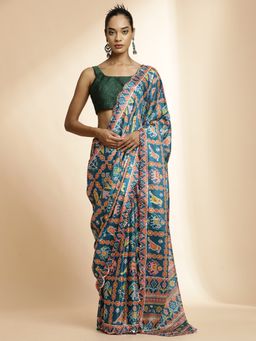 Jaipur Kurti - Blue Printed Mirror Work Satin Saree with Unstitched Blouse