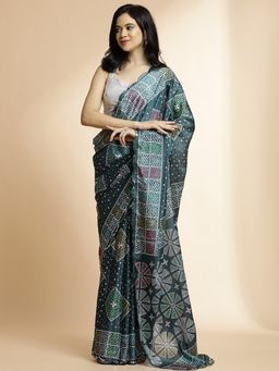 Jaipur Kurti - Green Geometric Printed Mirror Work Satin Saree with Unstitched Blouse