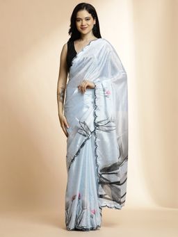 Jaipur Kurti - Blue Floral Printed & Mirror Work Satin Saree with Unstitched Blouse