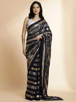 Jaipur Kurti - Navy Blue Embellished Party Wear Saree with Unstitched Blouse