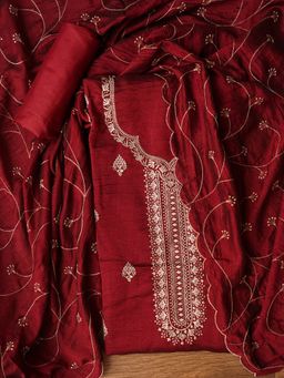 Jaipur Kurti - Red Unstitched Embroidered Silk Blend Dress Material with Dupatta (Set of 3)