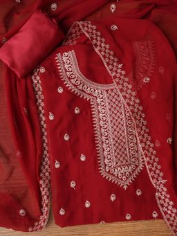 Jaipur Kurti - Maroon Unstitched Embroidered Silk Georgette Dress Material with Dupatta (Set of 3)