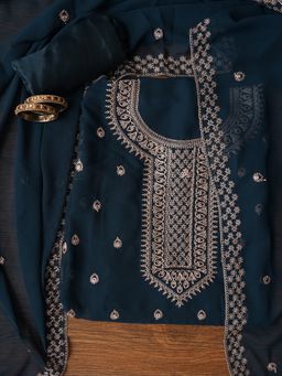 Jaipur Kurti - Unstitched Navy Blue Embroidered Silk Georgette Dress Material with Dupatta (Set of 3)