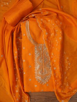 Jaipur Kurti - Orange Unstitched Embroidered Cotton Blend Dress Material with Dupatta (Set of 3)