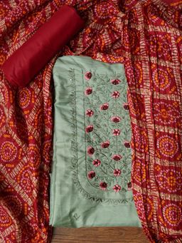 Jaipur Kurti - Unstitched Floral Green Pure Cotton Dress Material with Dupatta (Set of 3)