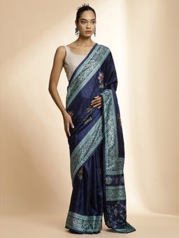 Jaipur Kurti - Navy Blue Art Silk Floral Printed Festive Saree with Unstitched Blouse