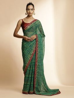 Jaipur Kurti - Green Printed Lightweight Georgette Saree with Unstitched Blouse