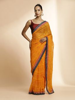Jaipur Kurti - Orange Printed Lightweight Georgette Saree with Unstitched Blouse
