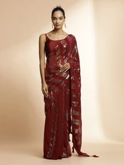 Jaipur Kurti - Maroon Sequin Work Heavy Red Saree with Unstitched Blouse