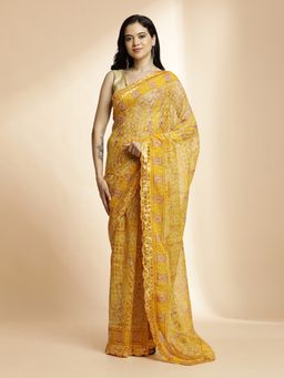 Jaipur Kurti - Yellow Sequin Embellished Printed Chiffon Saree with Unstitched Blouse