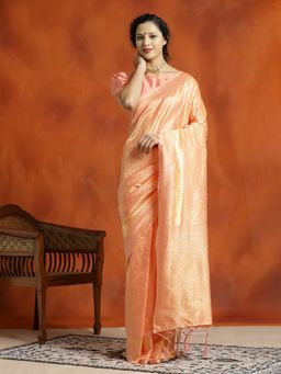 Jaipur Kurti - Peach Silk Banarasi Zari Woven Heavy Saree with Unstitched Blouse