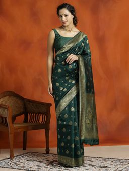 Jaipur Kurti - Silk Banarasi Zari Woven Heavy Green Saree with Unstitched Blouse
