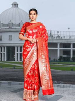 Beatitude - Red Banarasi Silk Woven Saree with Unstitched Blouse