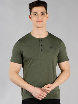 Urbano Fashion - Mens Dark Olive Green Solid Henley Neck Half Sleeve Slim Fit Cotton T-shirt