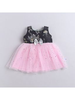 Many Frocks - Sequin Net Sleeveless Foil Printed Bow Embellished Knee Length Baby Dress