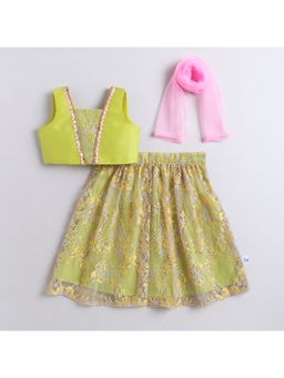 Many Frocks - Net Sleeveless Flower Printed Lace Lehenga With Choli & Dupatta