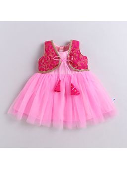 Many Frocks - Net Sleeveless Brocade Koti Lace Embellished Ethnic Dress