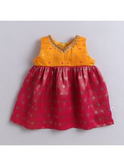 Many Frocks - Brocade Sleeveless Lace Embellished Knee Length Baby Ethnic Dress